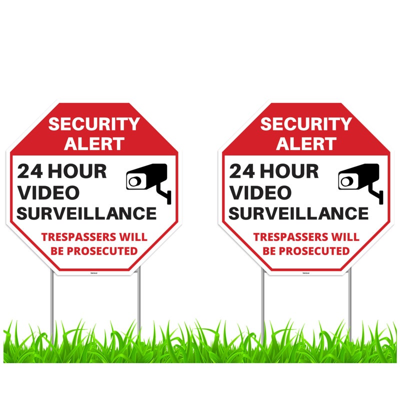Venicor 2PC 24 Hour Video Surveillance Sign with Stakes, 12"x12" - Corrugated Plastic - No Trespassing Signs for Home Outdoor Yard - Private Property Security Camera Alert Warning - Image 1